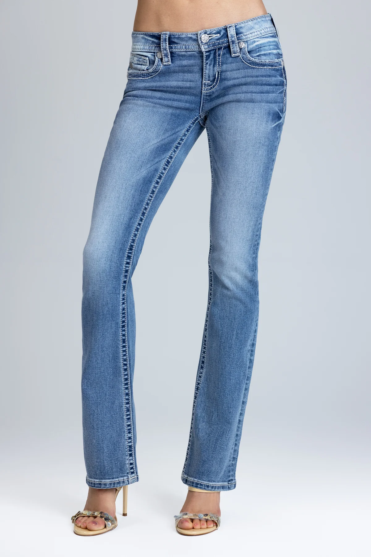 Halo Border Stitched Low Rise Bootcut Jeans - Image 4
